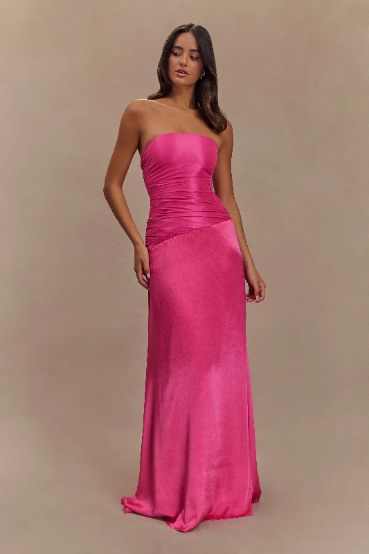 Serena Strapless Taffeta Maxi Dress - Crimson Pink Trendy Off-Shoulder Ruffle Maxi Dress Serena Strapless Taffeta Maxi Dress - Crimson Pink Trendy Off-Shoulder Ruffle Maxi Dress