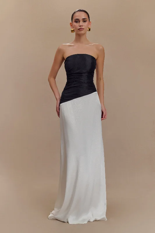 Serena Strapless Taffeta Maxi Dress - White/Black Classic V-Neck Maxi Dress
