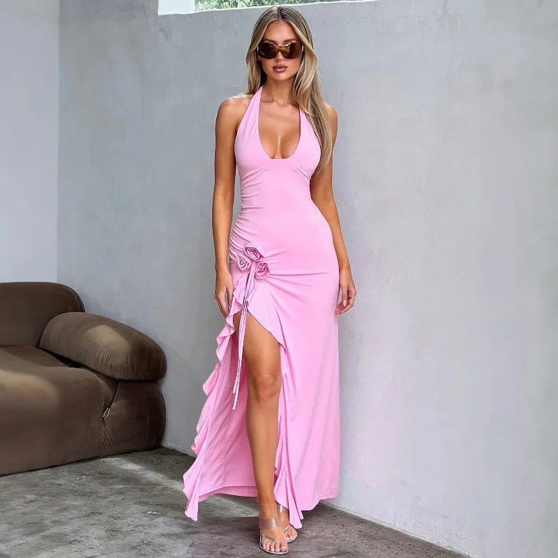 Sexy Deep V Neck Halter Neck Floral Applique Maxi Dress Women Ruffle Split Maxi Dress Elegant Pleated Maxi Dress