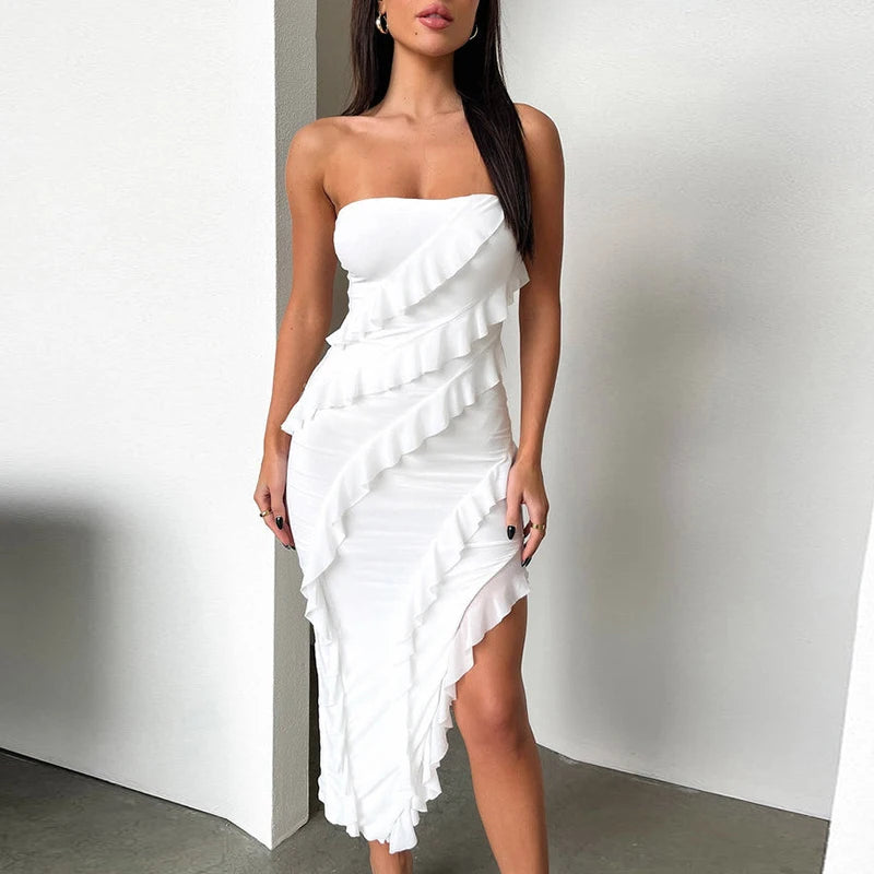 Sexy Ruffles Summer Dress Women Elegant Club Party Split Maxi Dress Trendy Maxi Dress with Bow