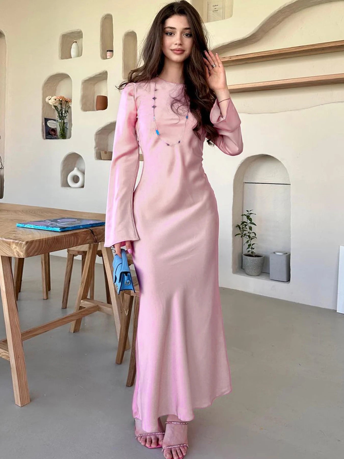 Stain Slim Maxi Dresses For Women Elegant Solid Party Evening Maxi Dress Comfortable Long-Sleeve Maxi Dress