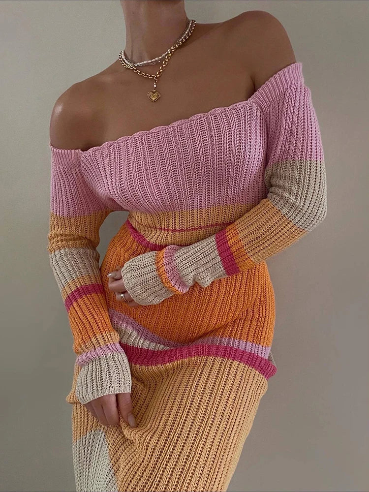 Striped Knitted Autumn Dress Women Sexy Long Sleeve Bodycon Maxi Dress Trendy Maxi Dress with Lace