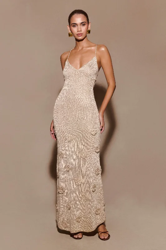 Suki Metallic Knit Maxi Dress - Gold Comfortable Flowy Maxi Dress
