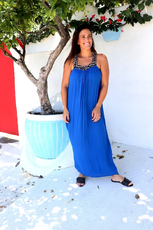 T Bar Maxi Dress In Bright Blue Comfortable Plunging Neckline Maxi Dress