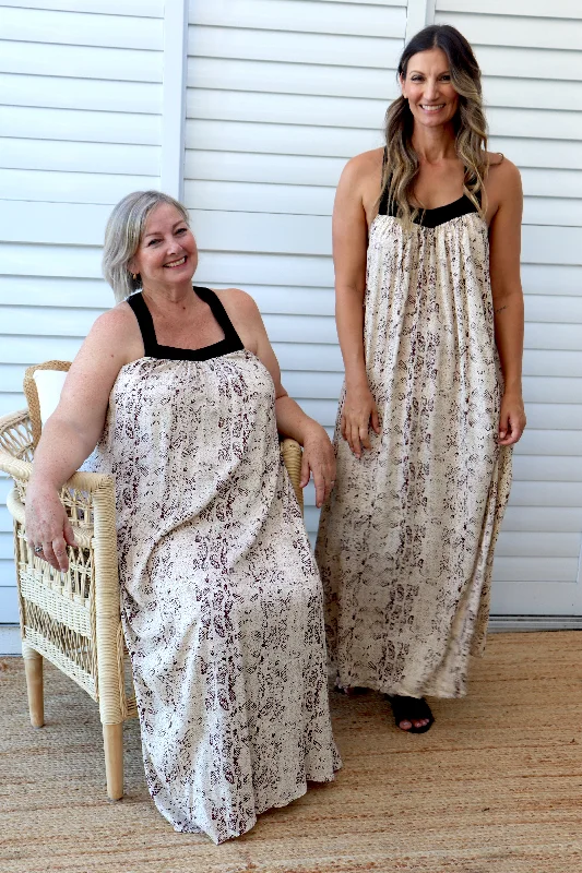 T Bar Maxi Dress In Taupe Snakeskin Trendy Satin Maxi Dress
