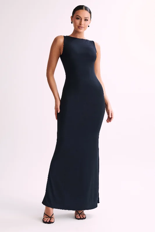 Tarna Sleeveless Slinky Maxi Dress - Black Cozy Maxi Dress with Slit