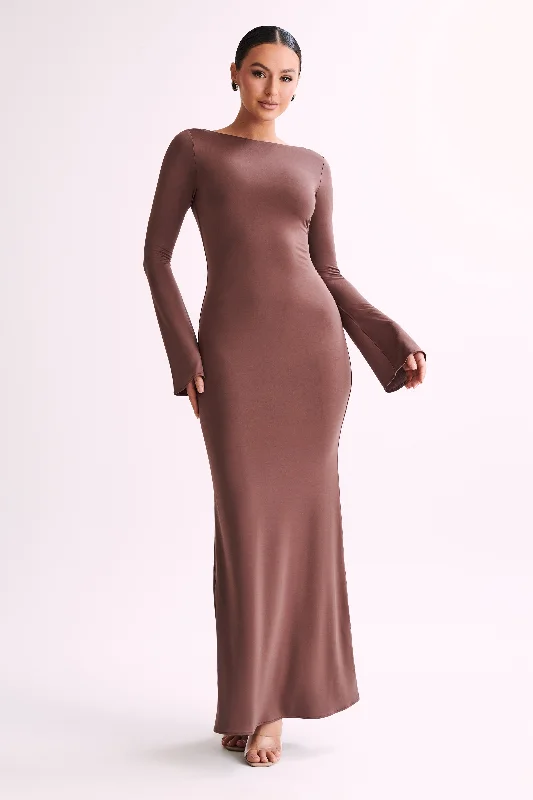 Tarna Slinky Fishtail Maxi Dress - Mocha Stylish Long Sleeve Maxi Dress