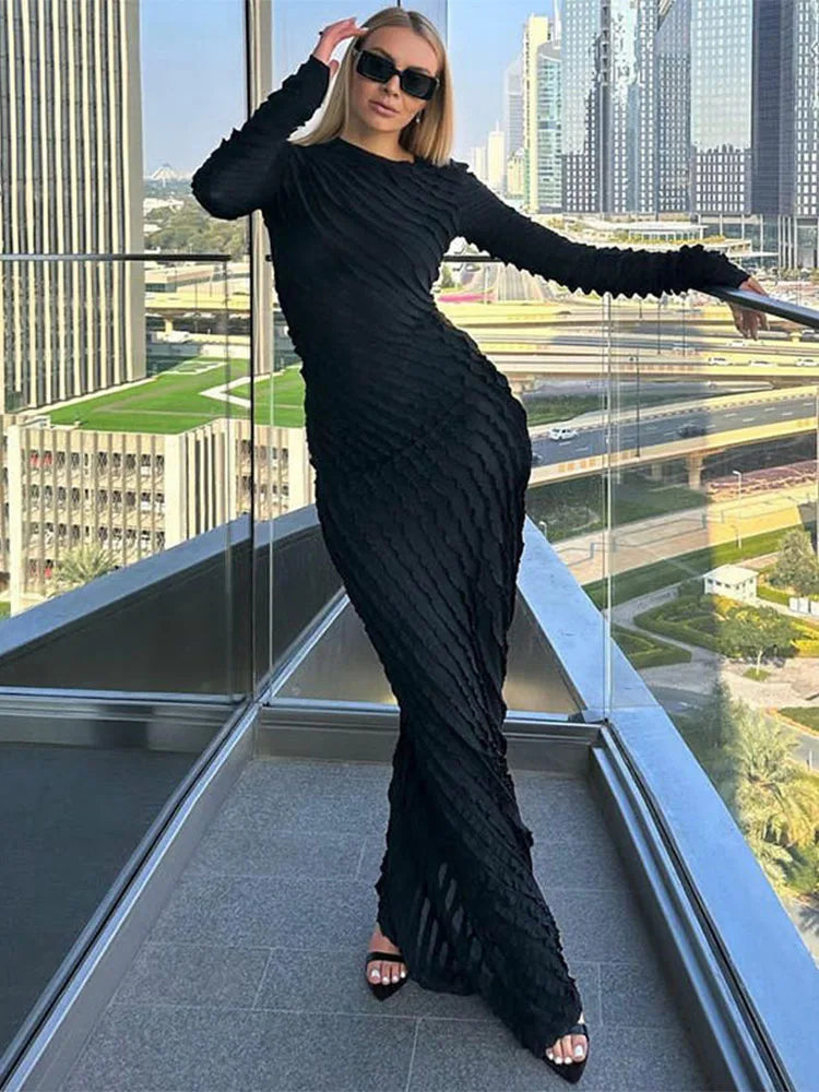 Tierred Maxi Dresses Women Autumn Slim High Waist Party Maxi Dress Stylish Maxi Dress with Pleats