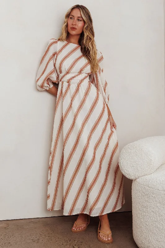 Transcendent Puff Sleeves Striped Maxi Dress Tan Stylish Boho Maxi Dress