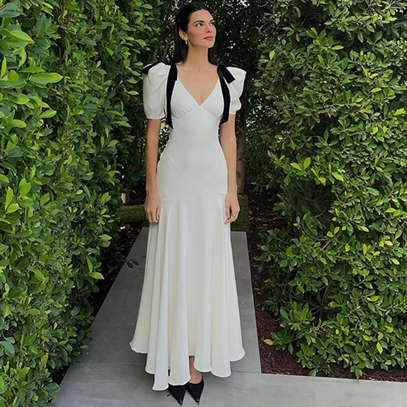 TRAUXY Elegant Bow Lace Up Maxi Dress Women Puff Sleeveless V Neck Maxi Dress Classic Solid Maxi Dress