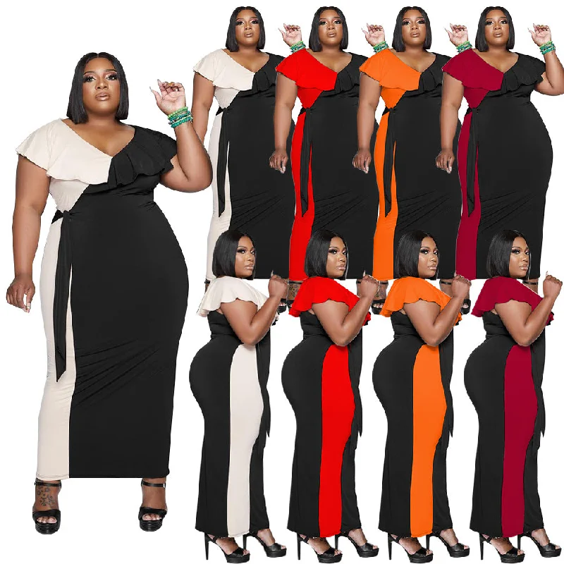 Trendy Plus Size Women Clothing 2022 Color Blocking Ruffles Maxi Dresses Women Elegant Boho Maxi Dress