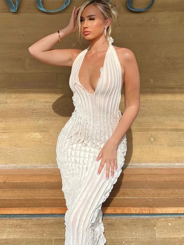 V Neck See Through Maxi Dresses Women Backless Sleeveless Bodycon Maxi Dress Fashionable Sleeveless Maxi Dress