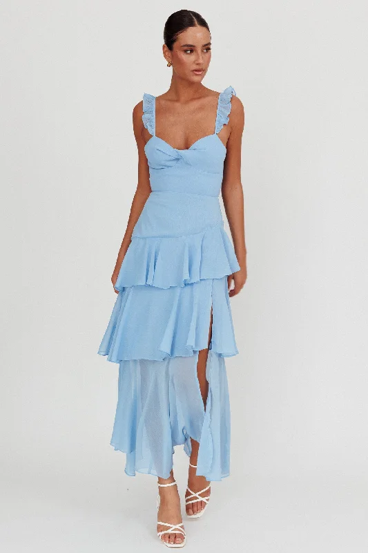 Veda Ruffle Strap Split Maxi Dress Blue Chic Sleeveless Maxi Dress