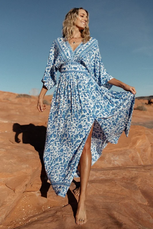 Watson Kimono Maxi Dress | Blue + White Trendy A-Line Maxi Dress