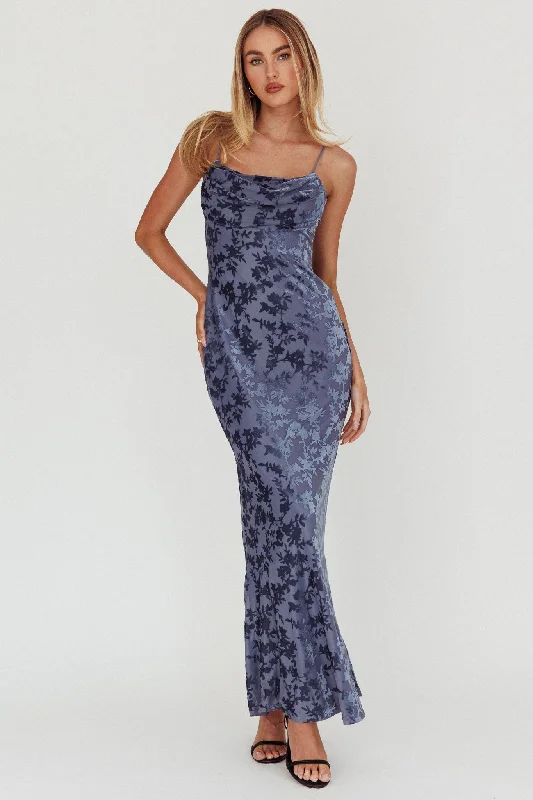 Well Versed Burnout Velvet Maxi Dress Slate Blue Comfortable Plunging Neckline Maxi Dress