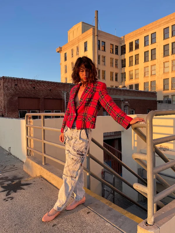 1980s Red Plaid Cropped Jacket Satin Jacket Silk Jacket Chiffon Jacket