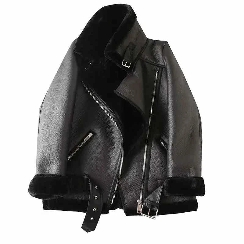 Biker Jacket Women's - Thick Warm Lamb Feather Rider A-Line Jacket Boat Neck Shawl Collar