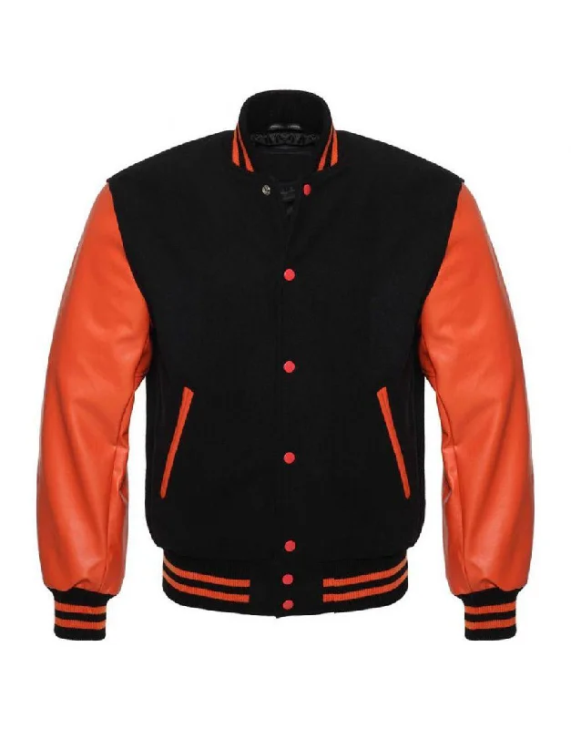 Black Varsity Jacket Womens with Orange Leather Sleeves Tailored Jacket Straight Jacket A-Line Jacket