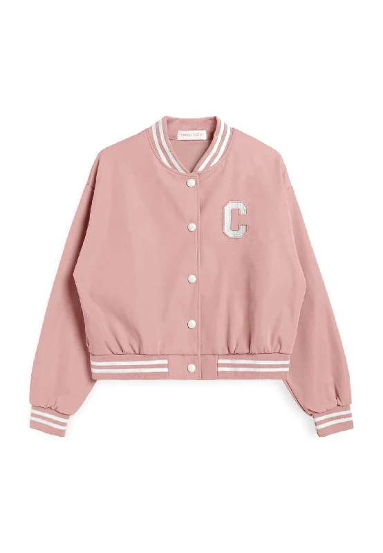 C Baseball Style Jacket- Pink Zippered Front Buttoned Front Snap Front
