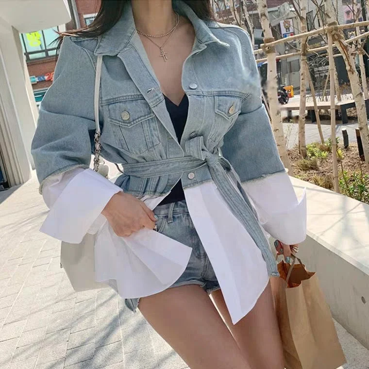 Casual Stitching Fake Two Denim Jackets Toggled Jacket Drawstring Jacket Belted Jacket