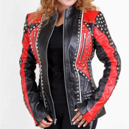 Red & Black Studded Jacket Hooded Jacket Caped Jacket Shawl Collar Jacket