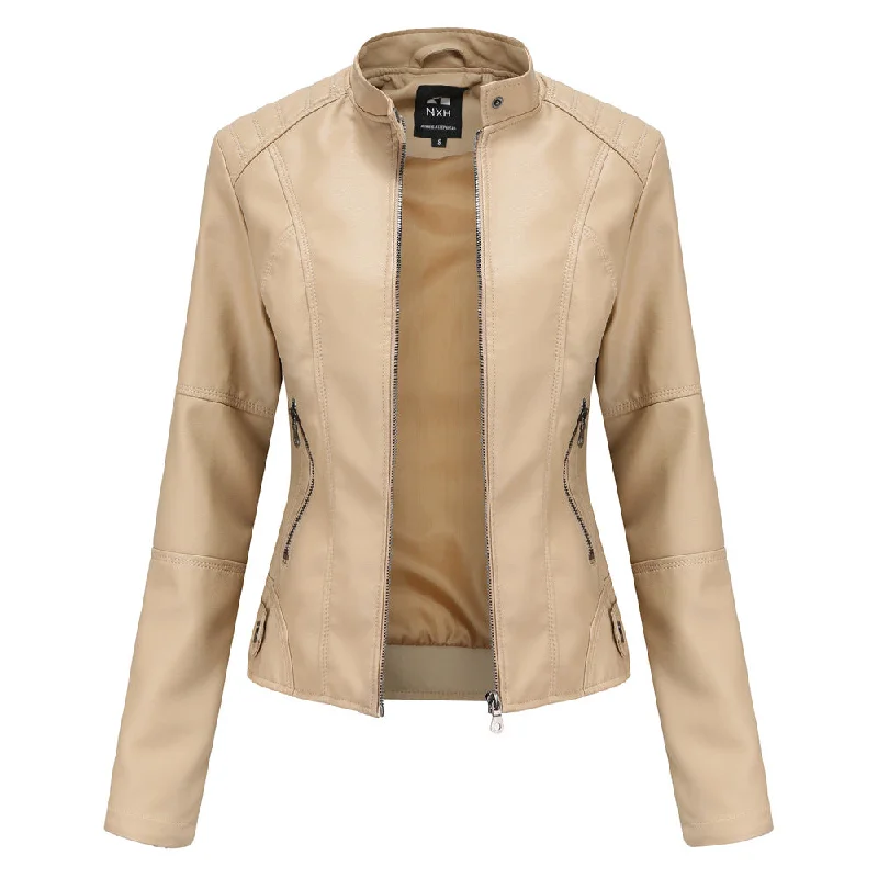 European And American Women's Leather Jackets Snapped Jacket Toggled Jacket Drawstring Jacket European And American Women's Leather Jackets Snapped Jacket Toggled Jacket Drawstring Jacket