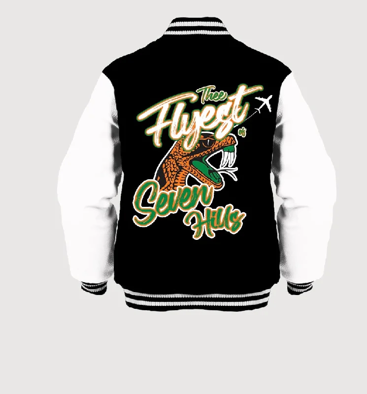 “Flyest of Seven Hills”  FAMU UNISEX VARSITY JACKET **SHIPS 1-3WEEKS AFTER ORDER** Denim Fabric Leather Fabric Suede Fabric