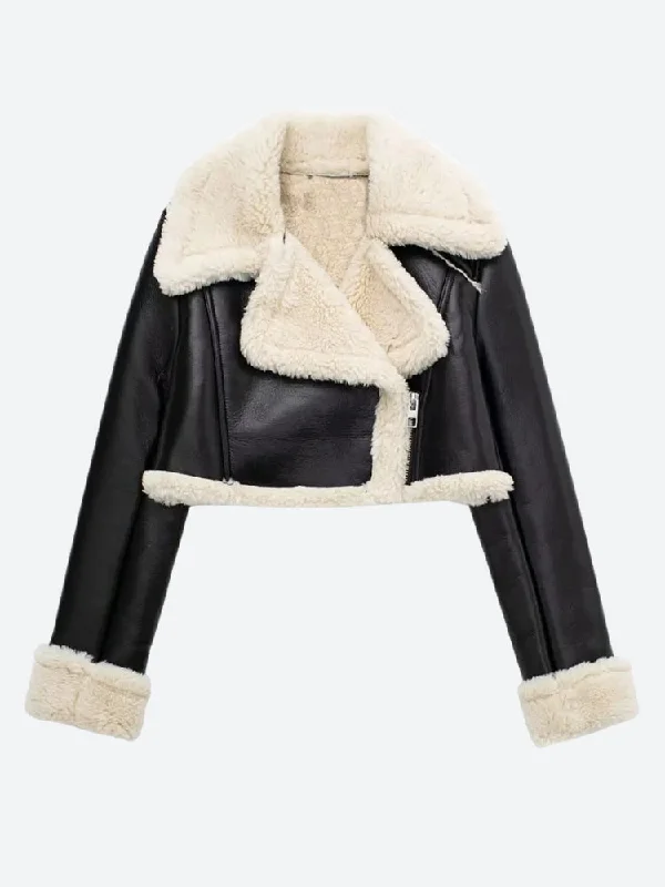 Faux Fur Lined Biker Jacket Welt Pockets Slit Pockets Flap Pockets