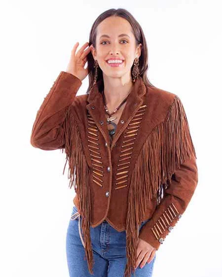 Women's Snap Front Whip Stitch Fringe Jacket V-Neck Jacket Boat Neck Jacket Square Neck Jacket