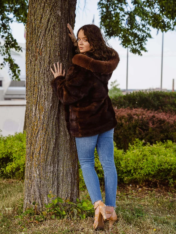 Hooded Mink Jacket with Fox Fur Trim Fleece Jacket Down Jacket Feather Jacket