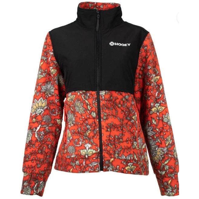 Hooey Ladies Tech Fleece Jacket, Red Floral Pattern, Black Zippered Jacket Buttoned Jacket Snapped Jacket