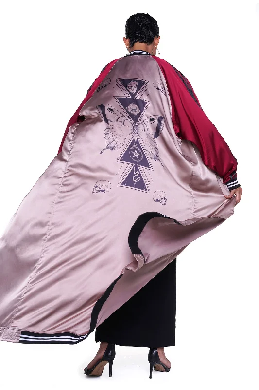 IRA KIMONO BOMBER JACKET - TAN AND RUBY Print Jacket Jacquard Jacket Patchwork Jacket IRA KIMONO BOMBER JACKET - TAN AND RUBY Print Jacket Jacquard Jacket Patchwork Jacket