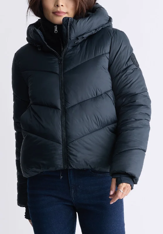 Janice Black Ladies Hooded Puffer Jacket - OBLEF008 Stand-Up Collar Roll-Neck Collar Turtle Neck Janice Black Ladies Hooded Puffer Jacket - OBLEF008 Stand-Up Collar Roll-Neck Collar Turtle Neck