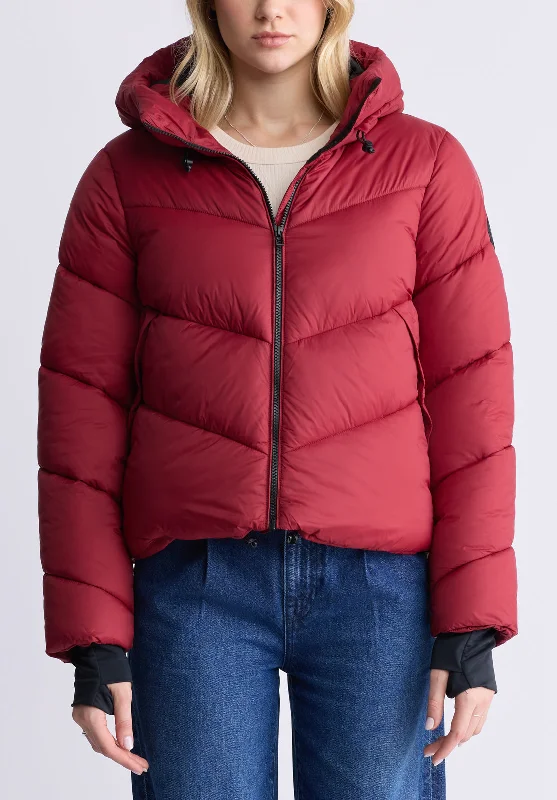 Janice Chilli Red Ladies Hooded Puffer Jacket - OBLEF008 Hooded Jacket Caped Jacket Shawl Collar Jacket Janice Chilli Red Ladies Hooded Puffer Jacket - OBLEF008 Hooded Jacket Caped Jacket Shawl Collar Jacket