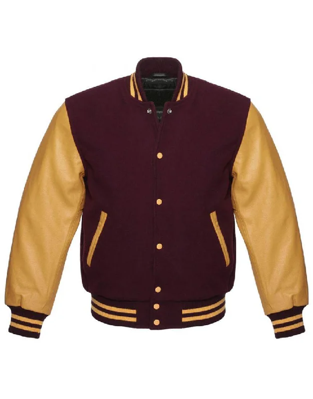 Maroon Varsity Jacket Womens with Leather Sleeves Knit Fabric Woven Fabric Fleece Fabric