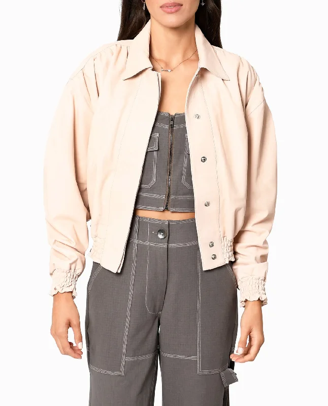Nicole Miller Collared Leather Jacket Front Pockets Side Pockets Patch Pockets