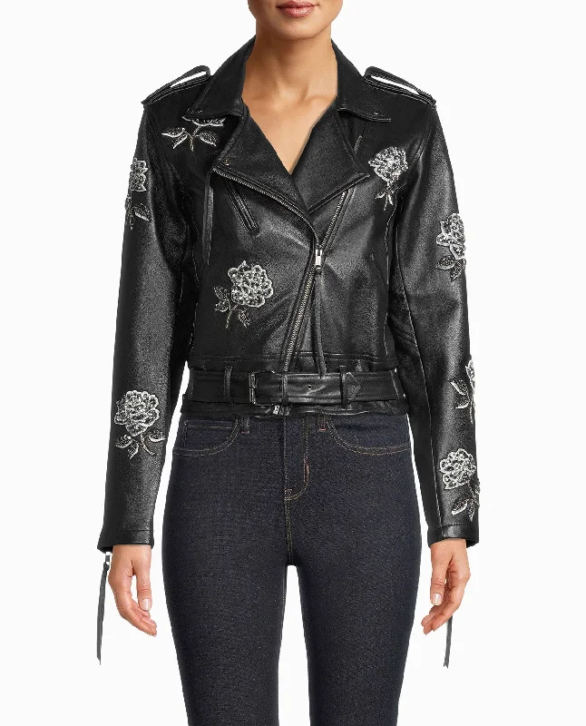 Nicole Miller Embellished Rose Moto Jacket Rayon Fabric Velvet Fabric Corduroy Fabric Nicole Miller Embellished Rose Moto Jacket Rayon Fabric Velvet Fabric Corduroy Fabric