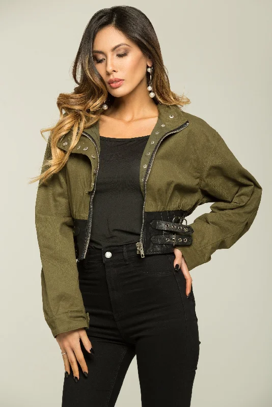 Olive Green and Black Full Sleeves Zip Up Jacket Nylon Fabric Polyester Fabric Spandex Fabric