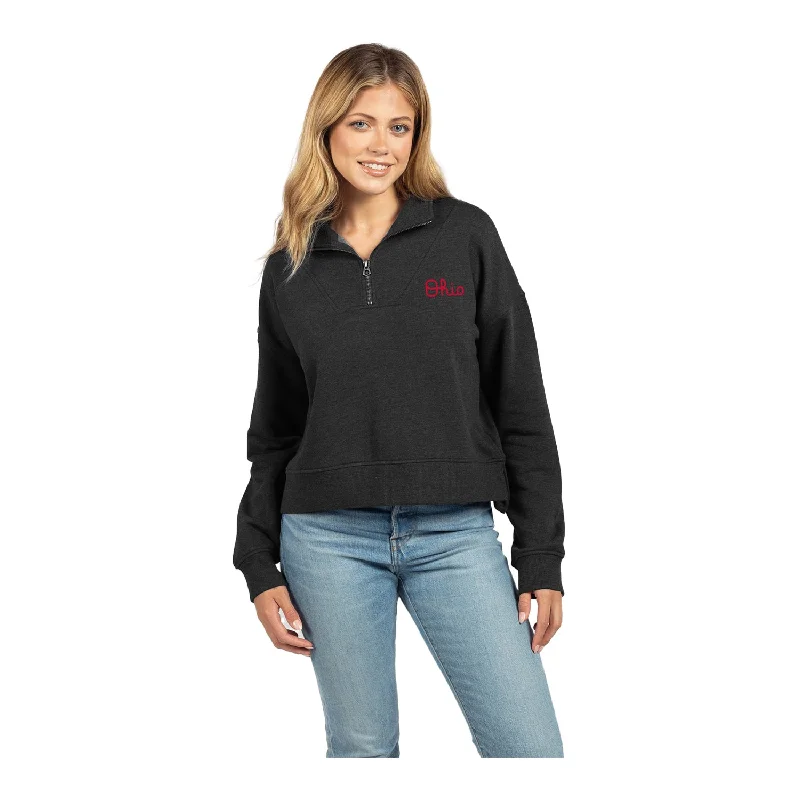Ladies Ohio State Buckeyes Halftime Black 1/4 Zip Jacket Knit Fabric Woven Fabric Fleece Fabric Ladies Ohio State Buckeyes Halftime Black 1/4 Zip Jacket Knit Fabric Woven Fabric Fleece Fabric