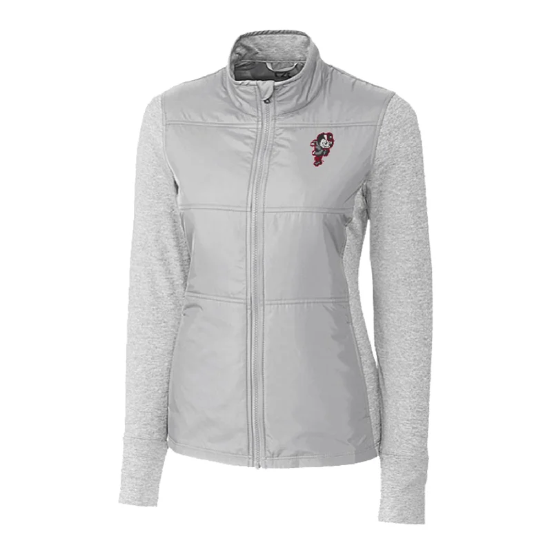 Ladies Ohio State Buckeyes Cutter & Buck Stealth Hybrid Quilted Gray Full Zip Jacket Welt Pockets Slit Pockets Flap Pockets Ladies Ohio State Buckeyes Cutter & Buck Stealth Hybrid Quilted Gray Full Zip Jacket Welt Pockets Slit Pockets Flap Pockets
