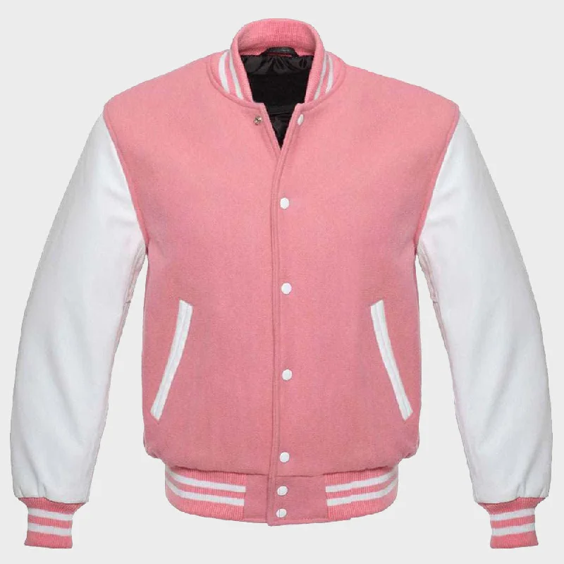 Pink Varsity Jacket Women Front Pockets Side Pockets Patch Pockets