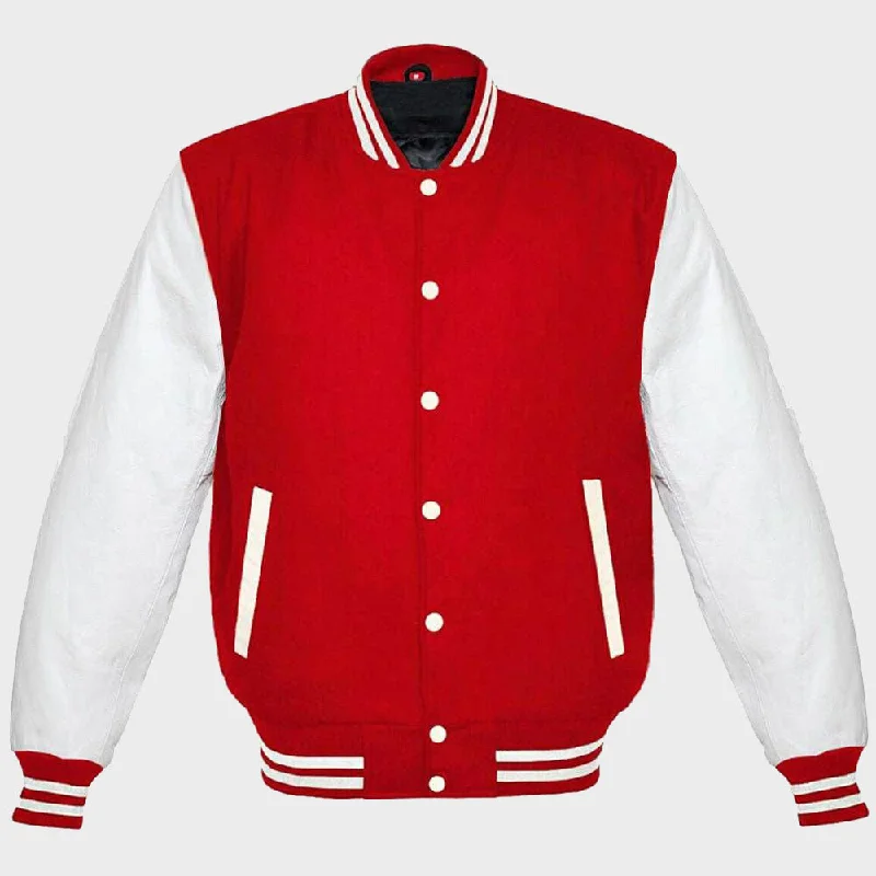 Red And White Varsity Jacket For Womens Notch Collar Peter Pan Collar Cowl Neck