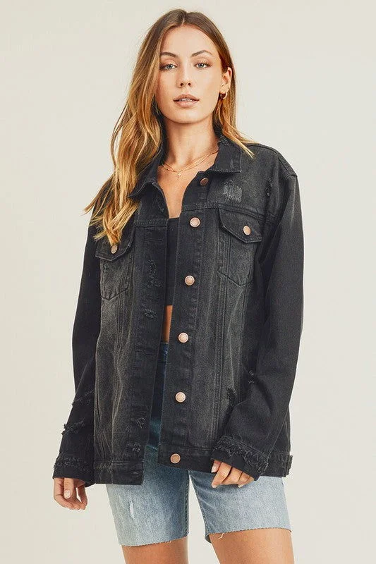 RISEN Full Size Distressed Long Sleeve Denim Jacket Striped Jacket Polka Dot Jacket Floral Jacket