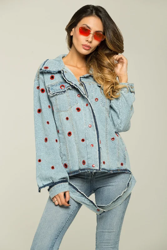 Sky Blue Red Ring Denim Jacket Stand-Up Collar Roll-Neck Collar Turtle Neck