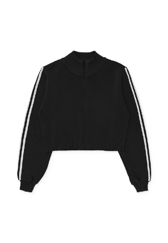 Stripe Details Knit Zip Jacket- Black Fleece Jacket Down Jacket Parka