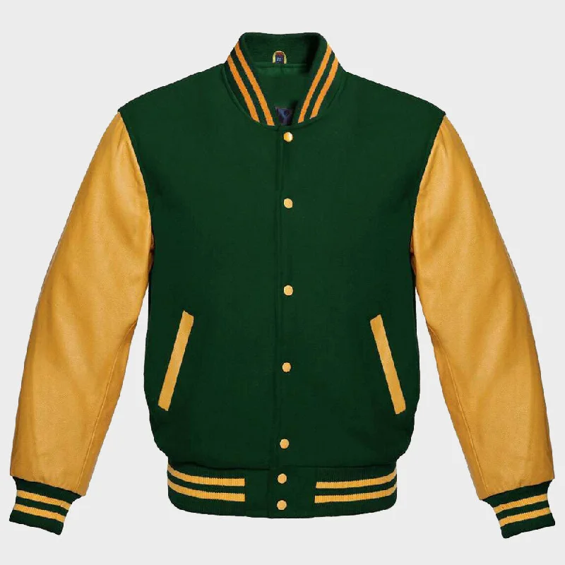 Varsity Jacket Womens Green And Yellow Zippered Jacket Buttoned Jacket Snapped Jacket