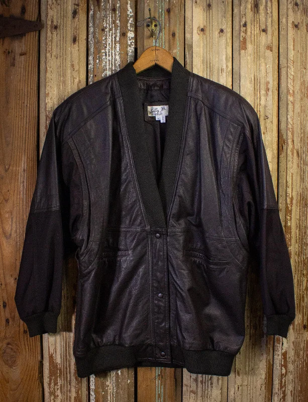 Vintage Sally B Brown Leather Bomber Jacket 80s Medium Nylon Fabric Polyester Fabric Spandex Fabric