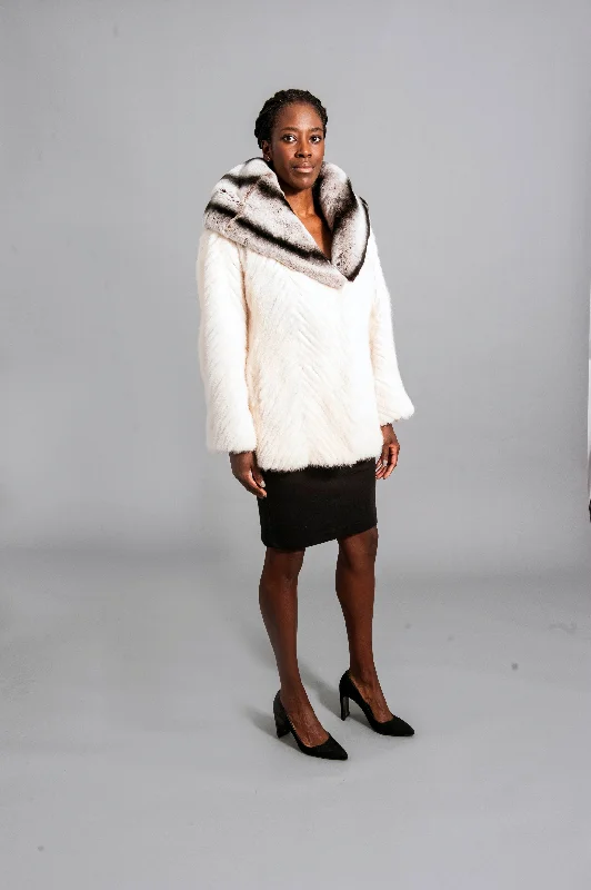 White Mink Jacket with Rabbit Collar Hood Wool Fabric Cashmere Fabric Tweed Fabric