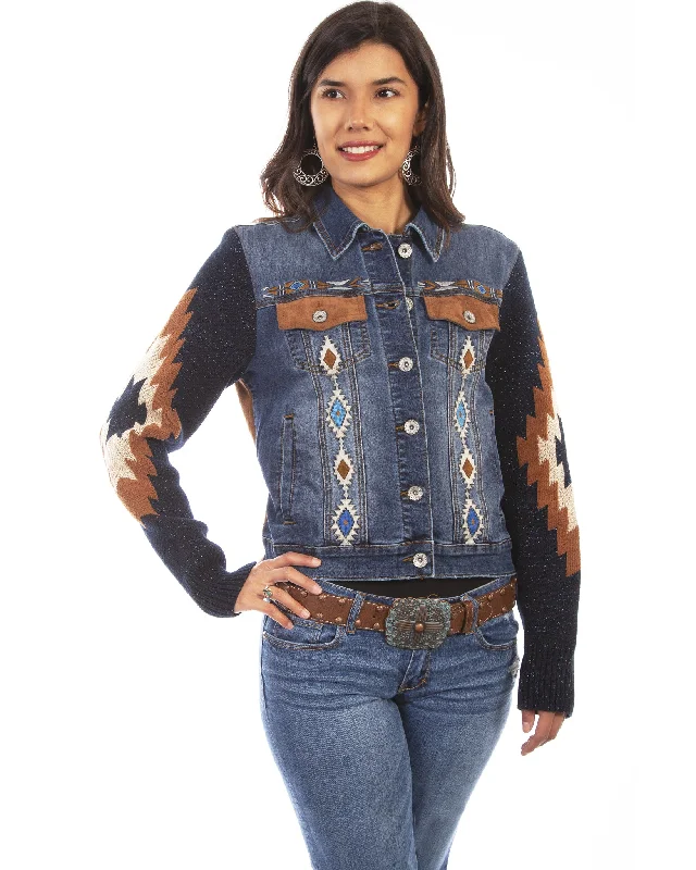 Women's Aztec Denim Jacket Tiered Jacket Buttoned Jacket Zippered Jacket