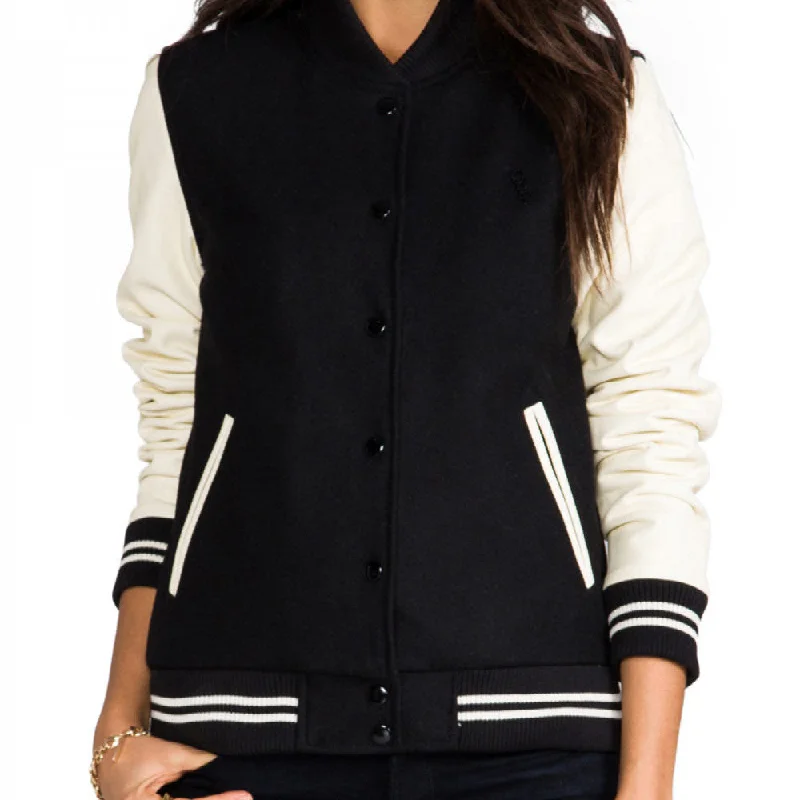 Women's Black And Cream Varsity Jacket Appliqued Jacket Beaded Jacket Sequined Jacket